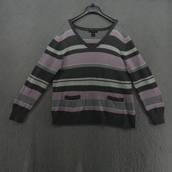 Tahari Sweater Womens Large Pink White Gray Multi Striped V Neck Pullover Knit - Picture 1 of 11